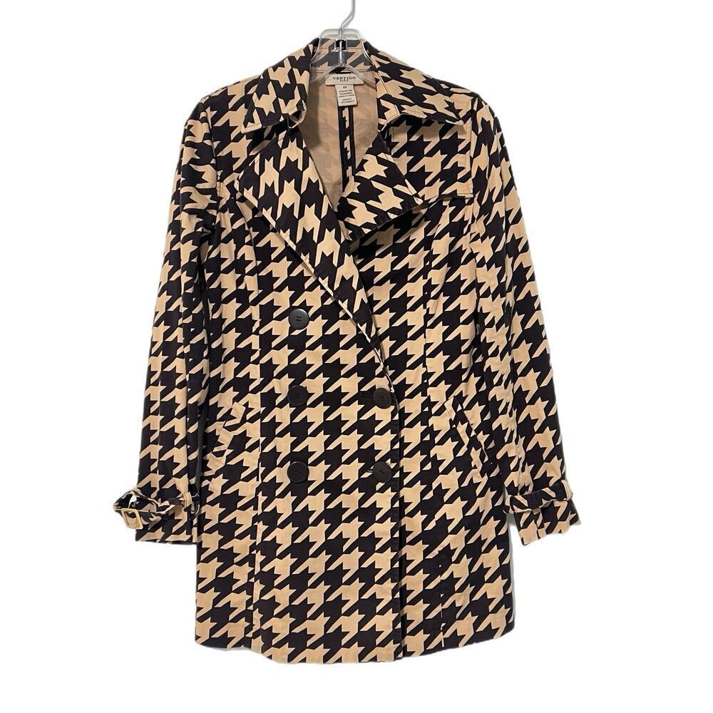 Vertigo Paris Houndstooth Double Breasted Trench Coat Size XS Brown No Belt